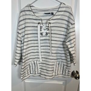 Onque Casual Womens Knit Top Lace Up Striped Pockets White Navy Blue Size XL‎